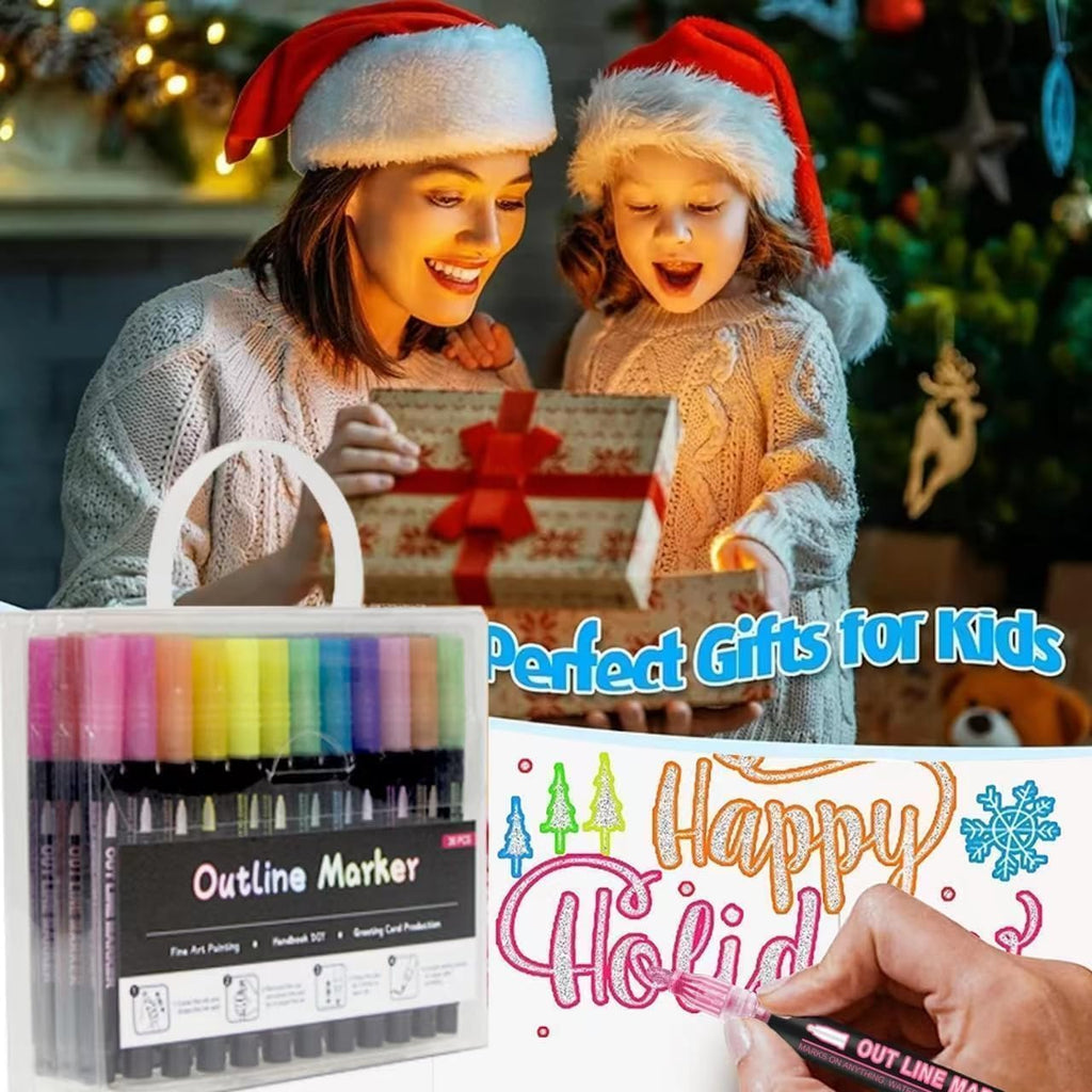 Outline Marker Self-outline Metallic Markers, 12 Colors Squiggles Shimmer Outline Markers Pen Set for Drawing Art
