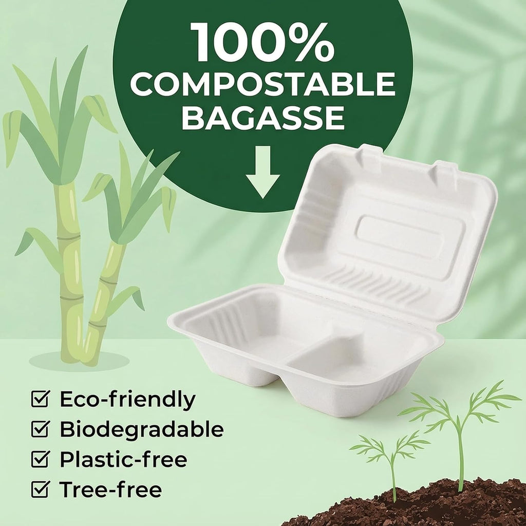 90 Pack 2-Compartment Clamshell Take Out Containers, 9" x 6" Compostable Hinged Food Containers Disposable Bagasse To