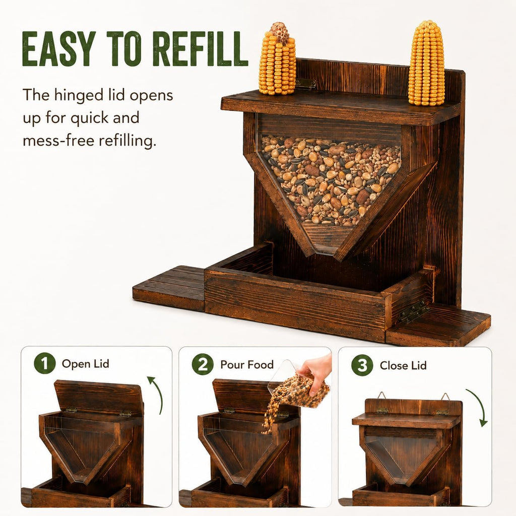 Large Wooden Squirrel Feeder Box for Outside, Window, Corn Holder, Platform