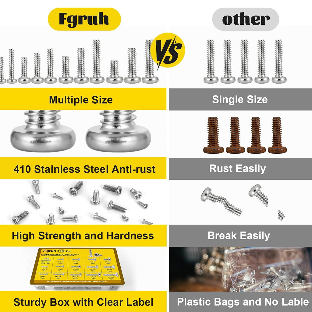 1140pcs M1 M1.2 M1.4 M1.6 M1.7 Micro Mini Pan Head Machine Screws Kit