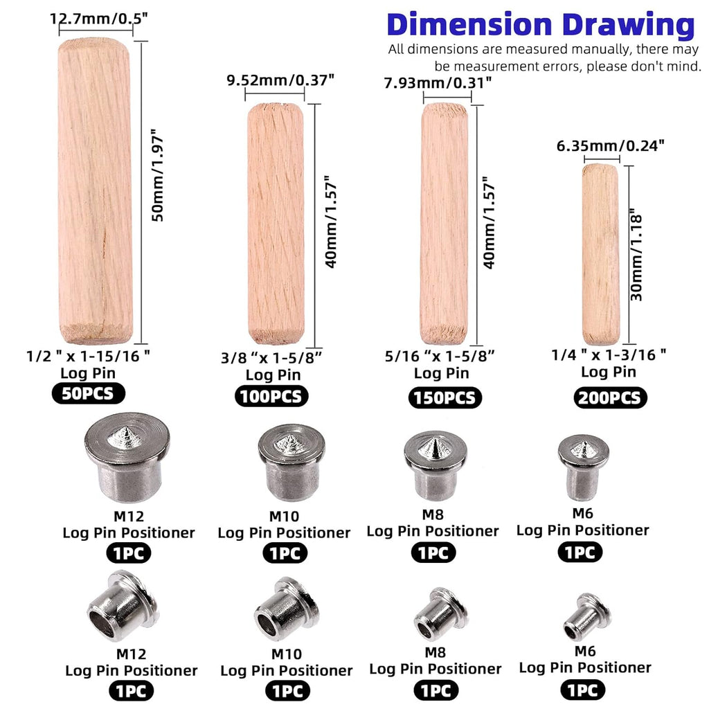 508Pcs 1/4" 5/16" 3/8" 1/2" Wooden Dowel Pins Beveled Ends Fluted Dowel with 6/8/10/12MM Solid Hollow Dowel Tenon
