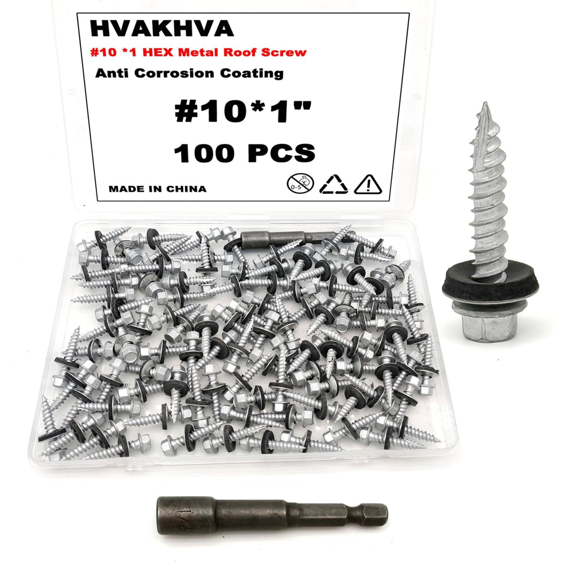 Hex Head Metal Roof Screws #10x1 Anti Rust Coating 100Pcs Includes Magnetic Bit