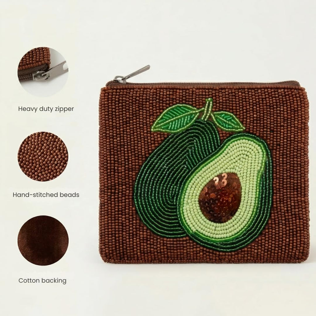 Beaded Coin Purse Change Zipper Pouch Wallet Avocado Design