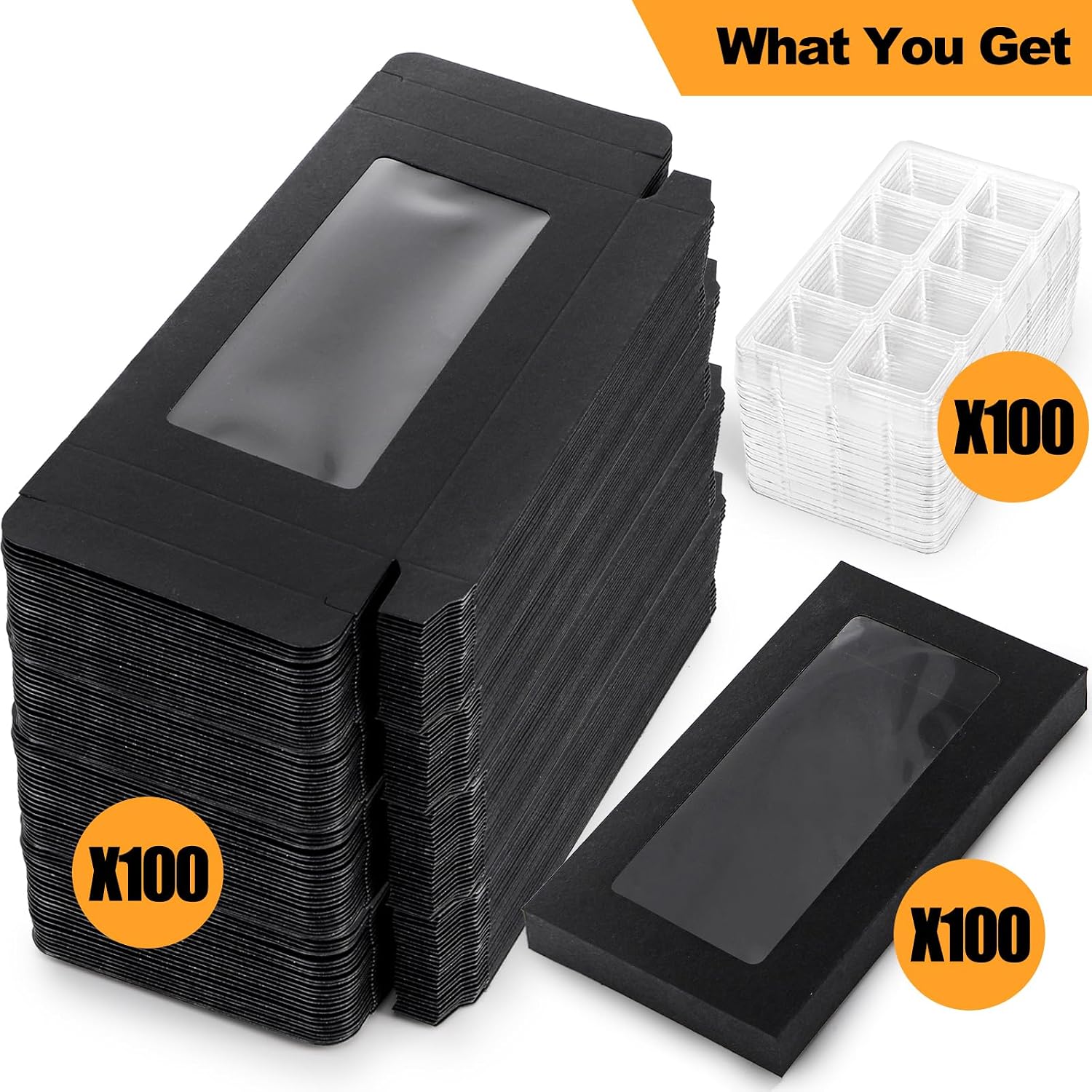 100 Pack Wax Melt Containers, Black Kraft Paper Gift Boxes with Window and 8 Cavity Plastic Molds for Wax Melt