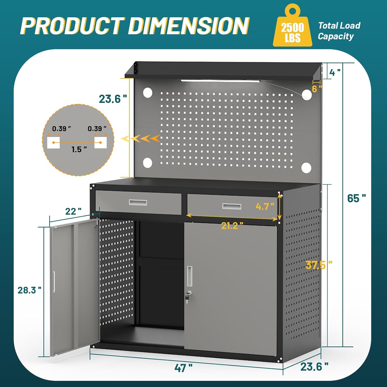 48" Heavy Duty Workbench with Drawers and Lockable Storage Cabinet- 2500 LBS Capacity Work Bench with Pegboard,Work