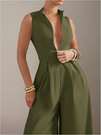Women's Summer Zipper Front Mock Neck Wide Leg Elegant Jumpsuit