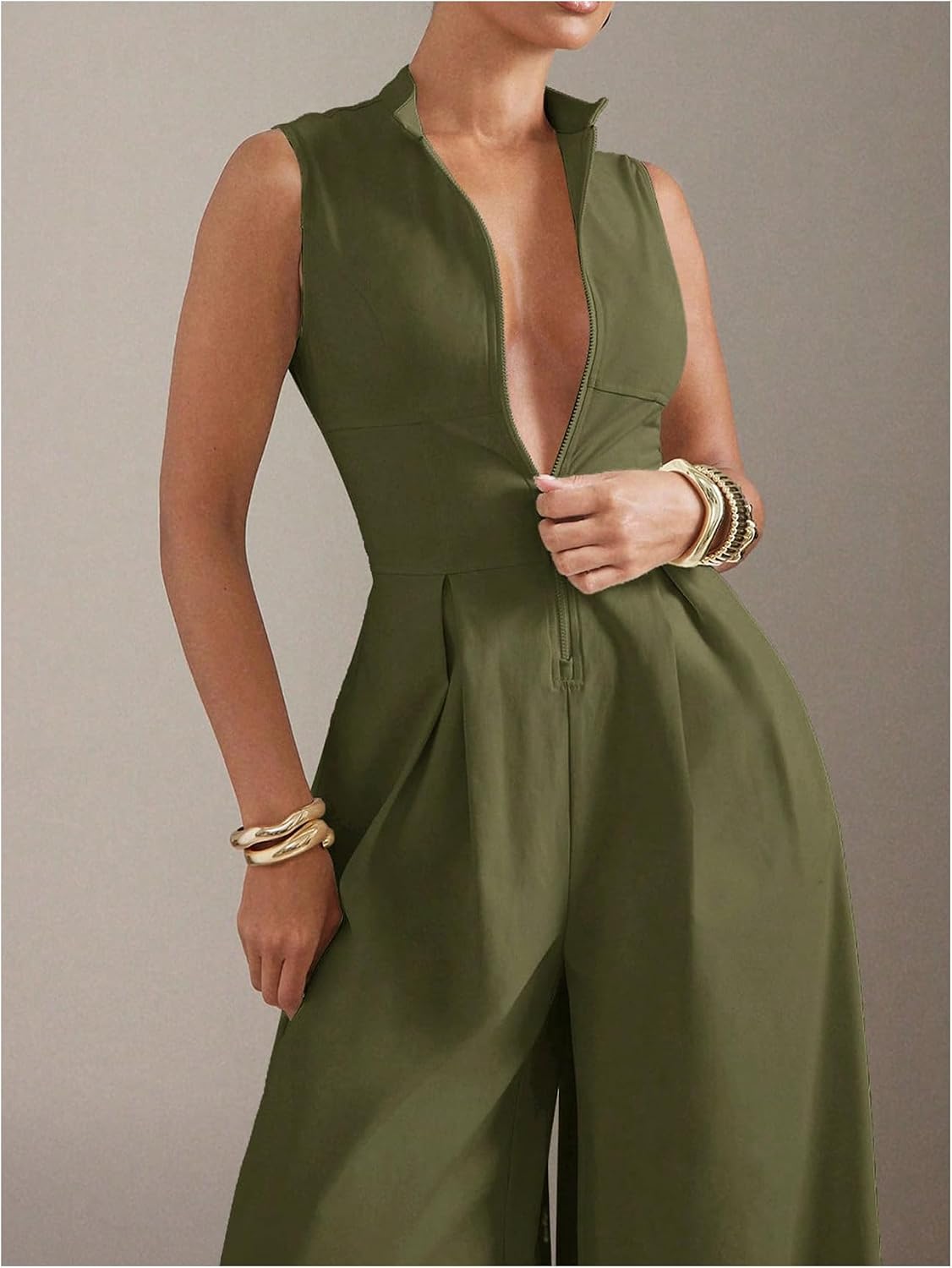 Women's Summer Zipper Front Mock Neck Wide Leg Elegant Jumpsuit