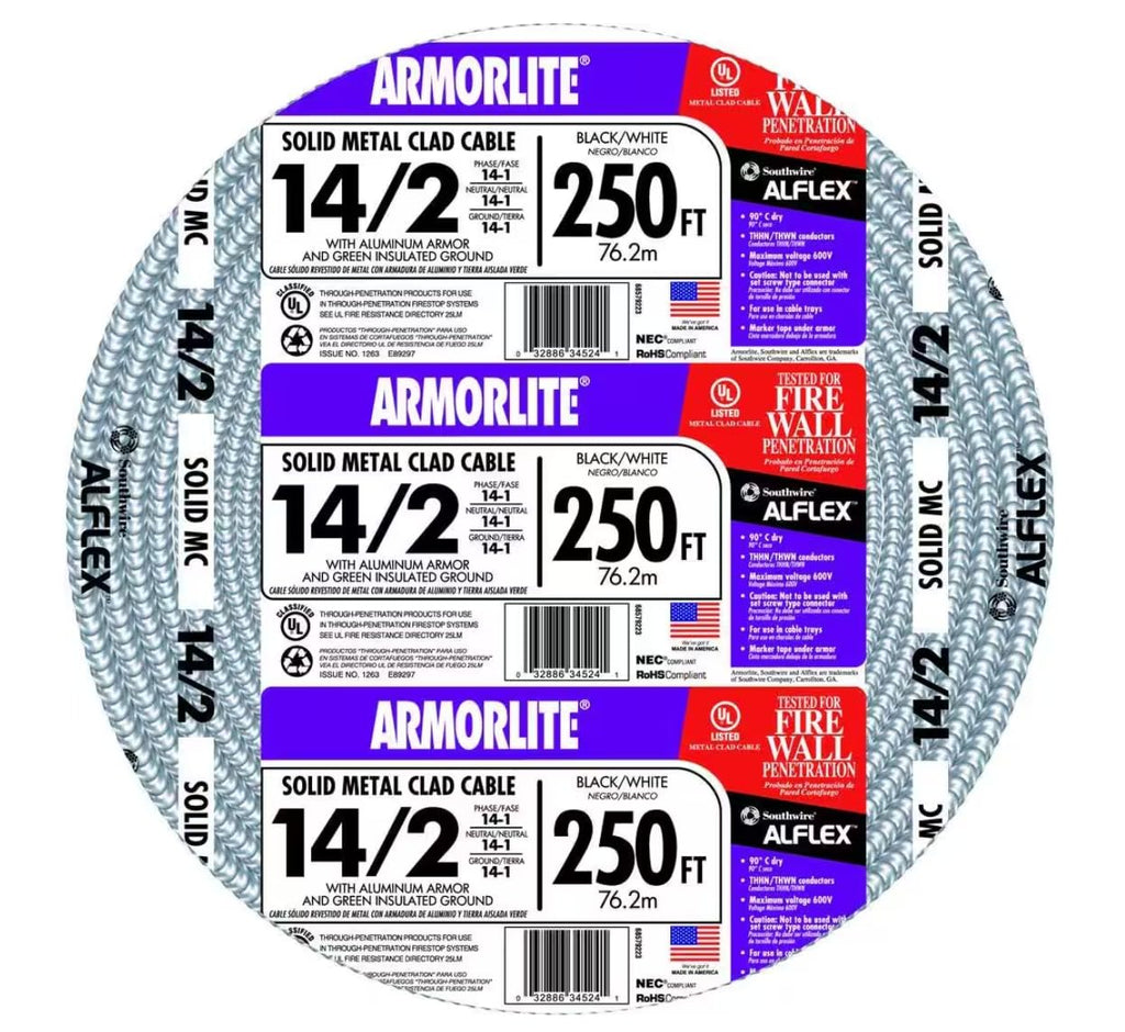 Southwire 14/2 Armorlite Type Mc Aluminum Armored Cable, 250 Ft. Coil