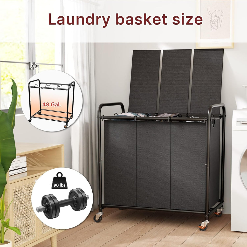 180L Laundry Sorter 3 Section with Lockable Wheels and Lid Black | 3 Large Separate Removable Bags | Heavy Duty