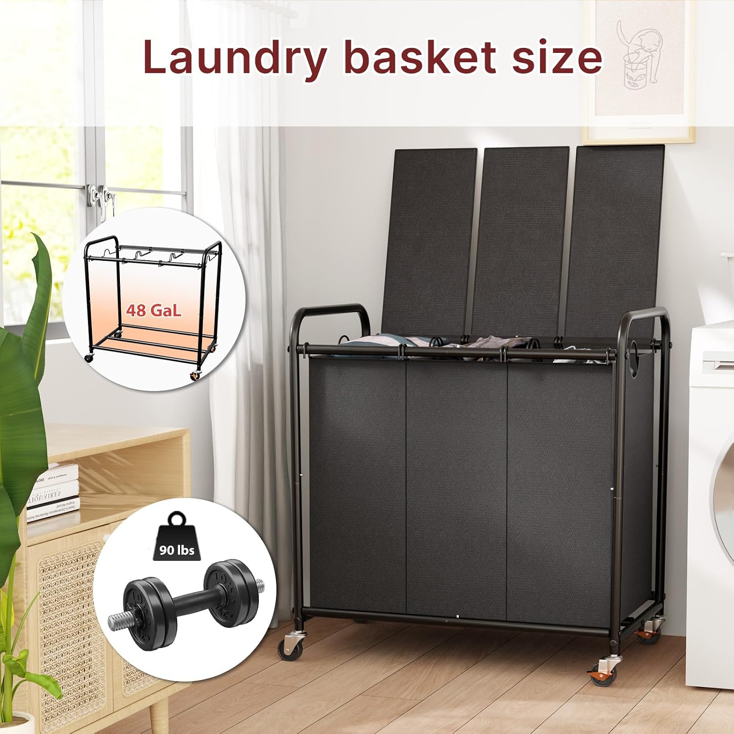 180L Laundry Sorter 3 Section with Lockable Wheels and Lid Black | 3 Large Separate Removable Bags | Heavy Duty