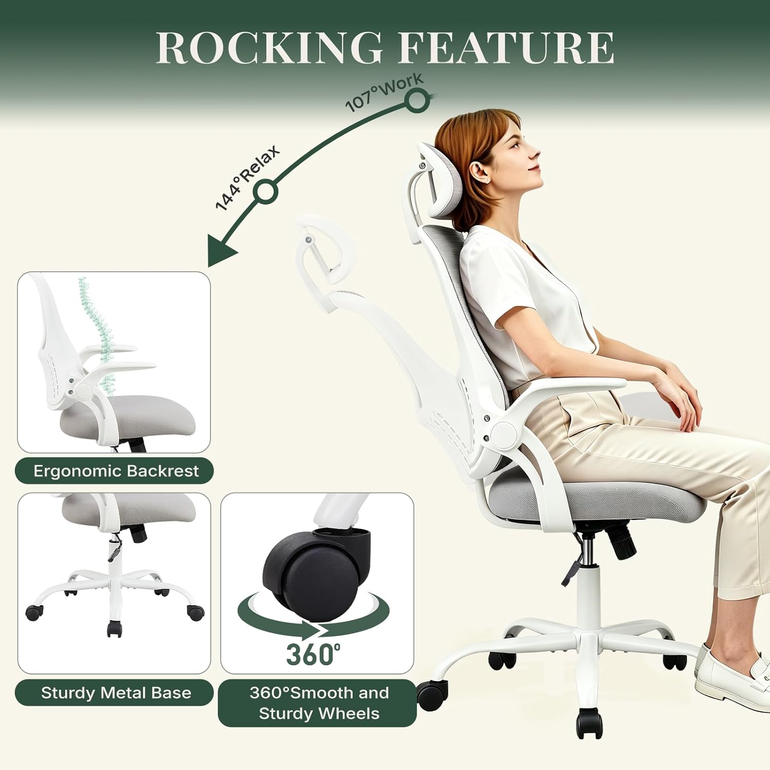 Ergonomic Office Chair, Comfy Desk Chair with Wheels, Adjustable Headrests, Flip-Up Armrests, Breathable Mesh