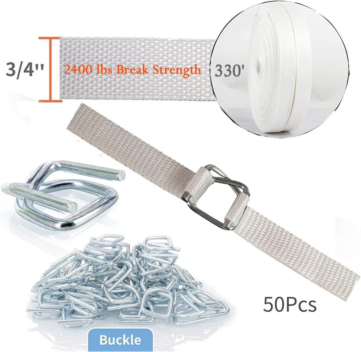 3/4" x 330' Woven Cord Strapping Kit with 50 Pack Metal Wire Buckles