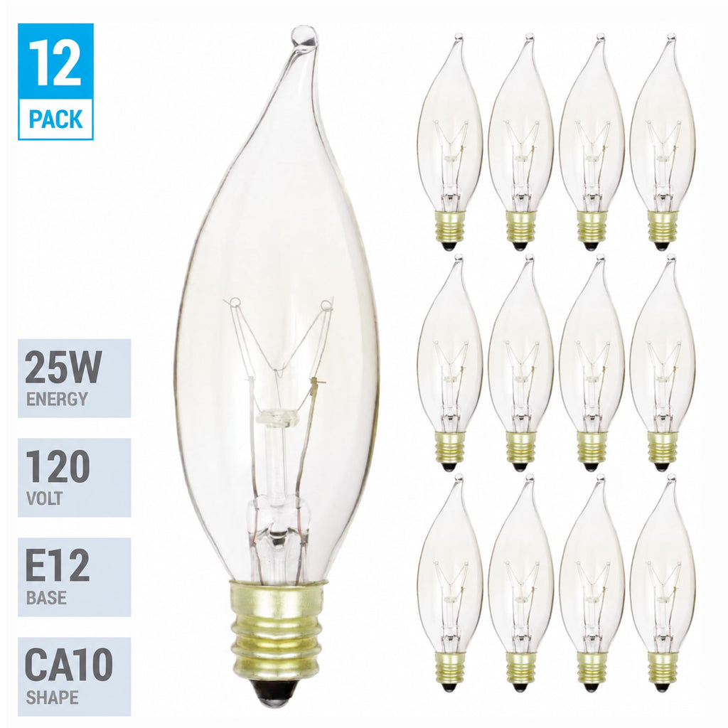 25W Clear Flame Tip Incandescent Bulbs, E12 Candelabra, CA10, 12-Pack