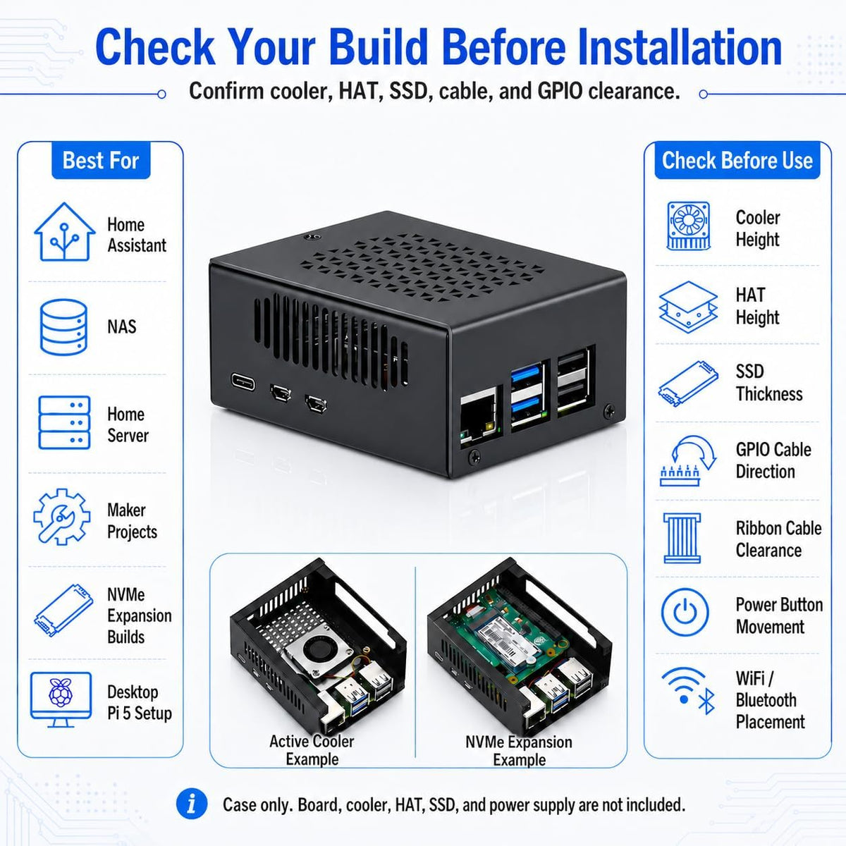 iUniker Metal Case Compatible with Raspberry Pi 5, Aluminum Pi 5 Case with Space for Active Cooler, M.2 NVMe HAT & POE HAT, GPIO Side Access, Vented Enclosure (Only Include Case)