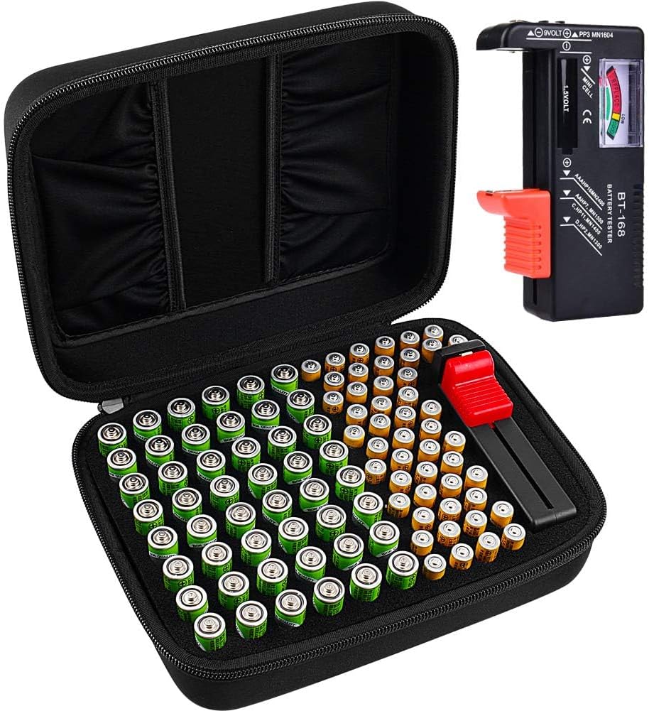 Battery Organizer Storage Case with Tester for 96 AA AAA Batteries | Pre-Cleared Foam Holds 48 AA and 48 AAA, Hard