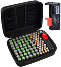 Battery Organizer Storage Case with Tester for 96 AA AAA Batteries | Pre-Cleared Foam Holds 48 AA and 48 AAA, Hard