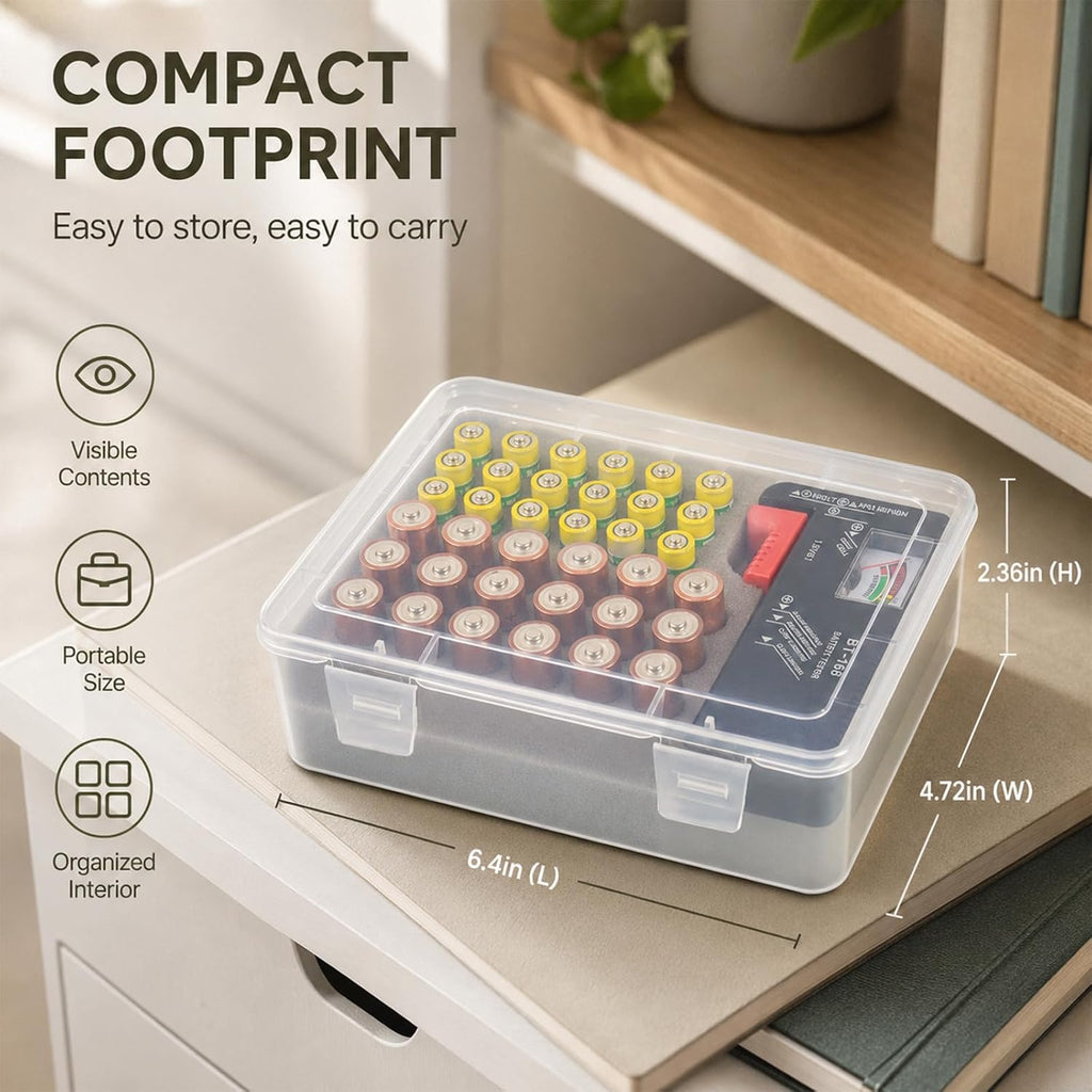 Battery Organizer Storage Box with Test, Garage Case Holder for 18* AA, 18* AAA Batteries (Bag Not Include Batteries