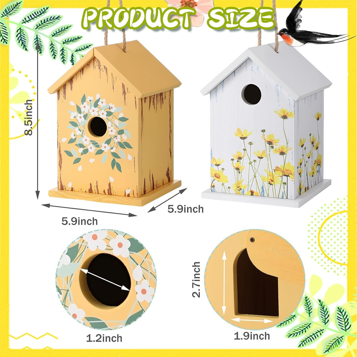 2 Pack Wren Houses for Outside, 1.2 Inch Entrance, Vintage