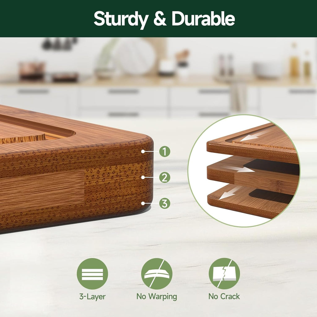 3-Piece Set Bamboo Cutting Board for Kitchen - Crack-Resistant Wood Chopping Boards with Deep Juice Grooves