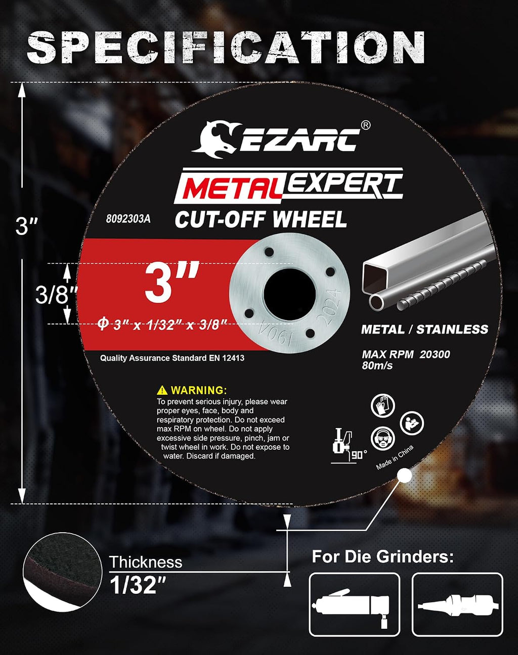 EZARC Metal Cut Off Wheels 3 x 1/32 x 3/8-Inch, 24-Pack