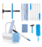 Window Cleaning Kit, Swivel Squeegee & Scrubber with Extension Poles, Foldable Bucket, Blendable Duster, 2 Scrubber