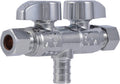 1/2 x 3/8 x 3/8 Inch Brass Crimp Angle Stop Valve, Dual Shut Off, Quarter Turn, PEX Pipe, PE-RT, UCDS123838Z