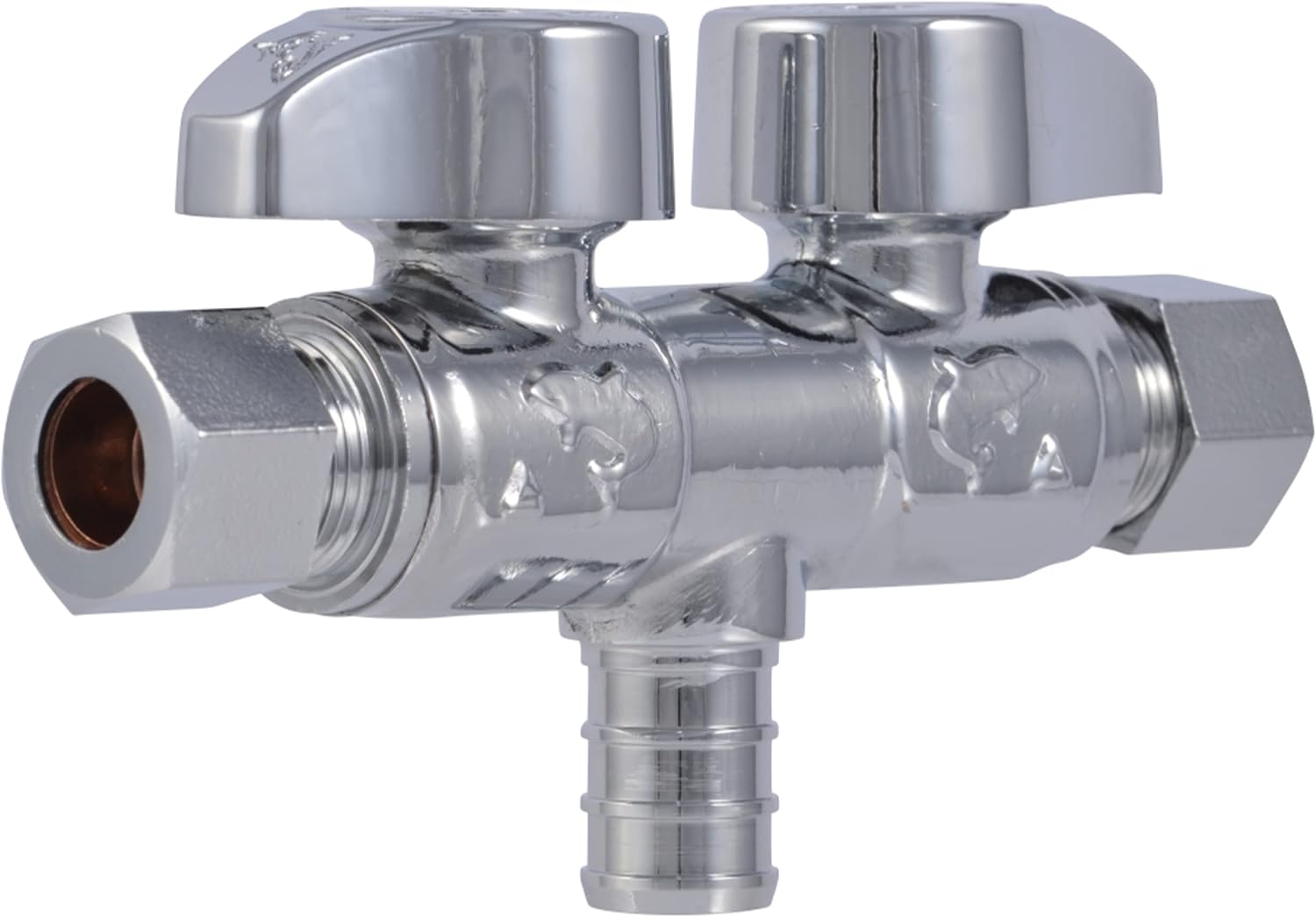 1/2 x 3/8 x 3/8 Inch Brass Crimp Angle Stop Valve, Dual Shut Off, Quarter Turn, PEX Pipe, PE-RT, UCDS123838Z