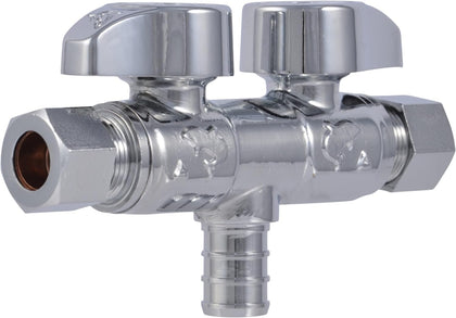 1/2 x 3/8 x 3/8 Inch Brass Crimp Angle Stop Valve, Dual Shut Off, Quarter Turn, PEX Pipe, PE-RT, UCDS123838Z