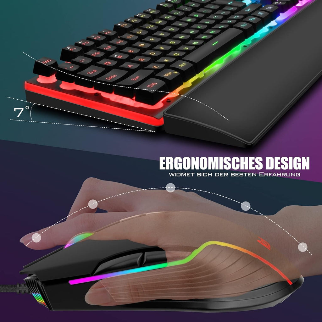 K10 Wired Gaming Keyboard and Mouse and Wrist Rest Combo, RGB Backlit, Mechanical Feel Anti-ghosting Keyboard + 7D