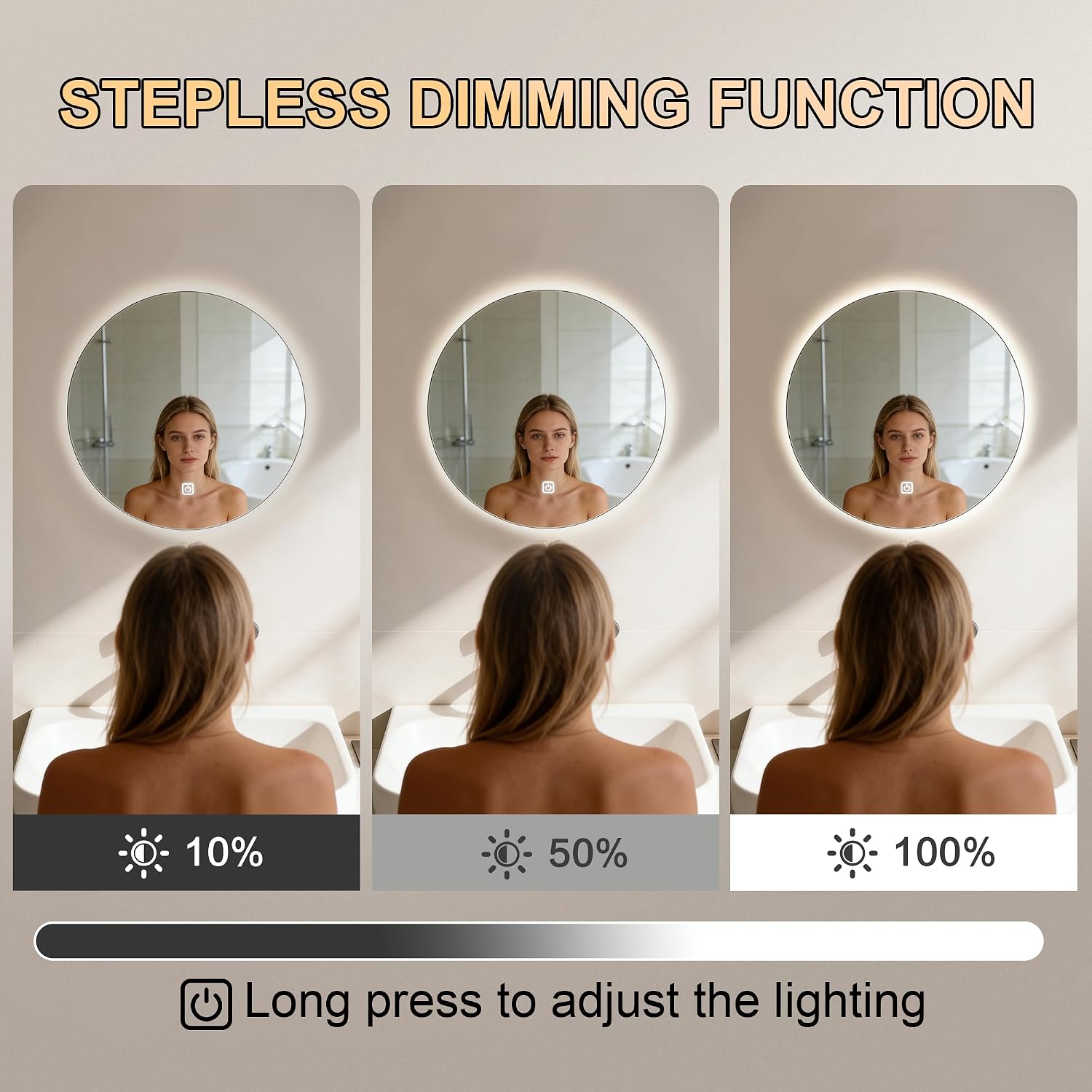 20 Inch Round LED Bathroom Mirror with Lights, Lighted Vanity Bathroom Mirror with Backlit, Stepless Dimmable & 3