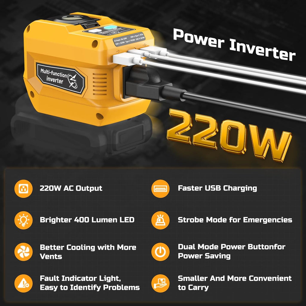 220W Power Inverter Compatible with Dewalt 20V Battery, DC 20V to AC 110V Inverter, Portable Power Station Generator