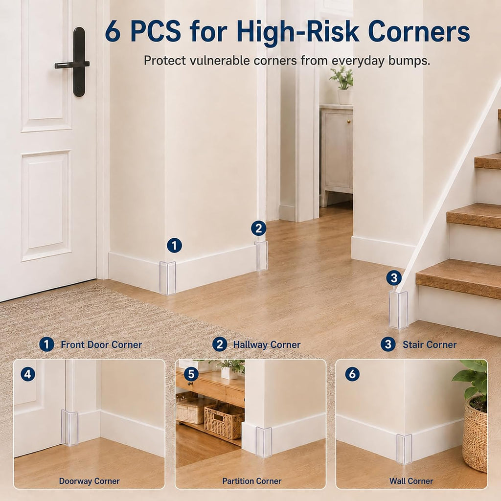 Corner Protectors Dog Chewing:6-Pack 4-Inch Clear L-Shaped Hard PC Baseboard Corner Guards, Peel and Stick Wall