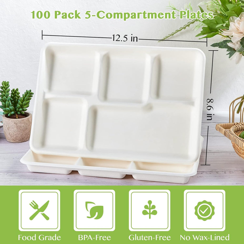 Compostable Disposable 5 Compartment Paper Plates, 12.5inch