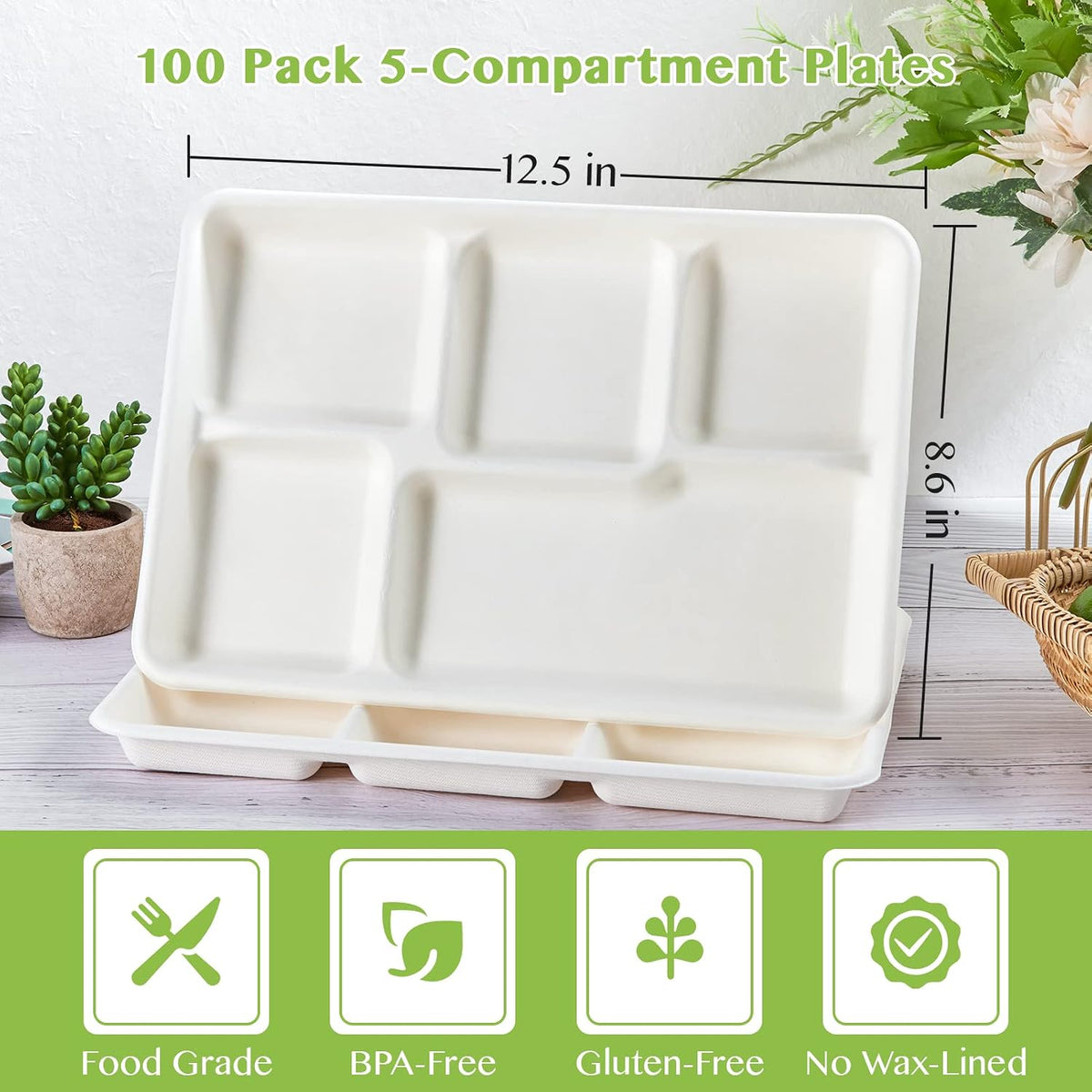 Compostable Disposable 5 Compartment Paper Plates, 12.5inch