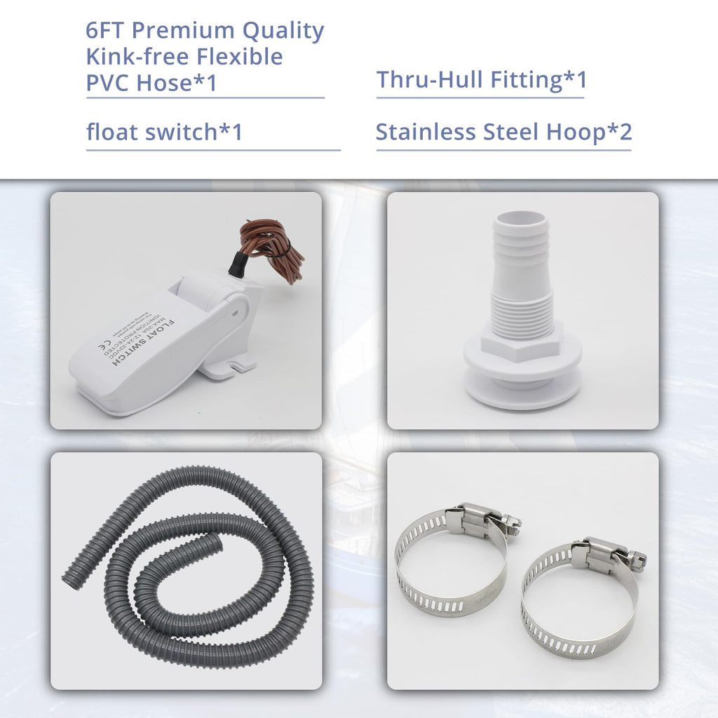 HXH 1100 GPH 12V Bilge Pump Kit, 1-1/8 Inch Hose, Automatic Float Switch