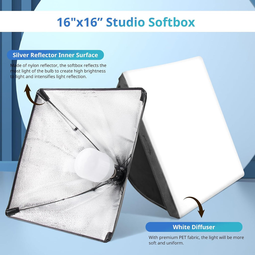 Softbox Photography Lighting Kit, 16” x 16” Continuous Lighting Kit with 40W E27 Socket 6500K Bulb, Professional