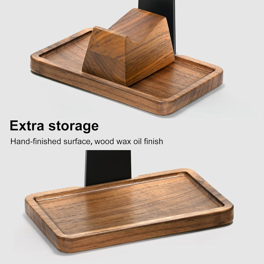 Walnut Headphone Stand with Controller Holder & Storage Base | Solid Wood Grain, Gear & Charger Storage, Gamer Gift
