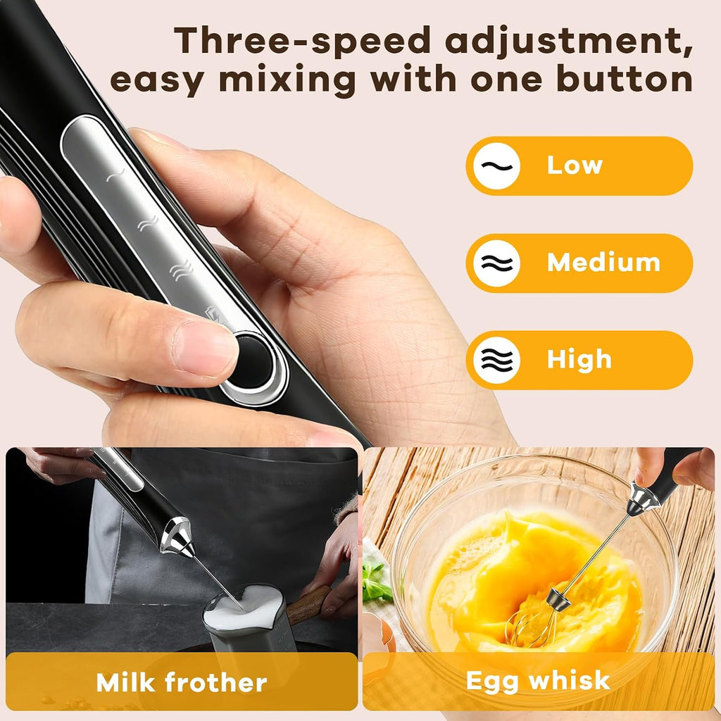 Milk Frother Handheld Rechargeable with Stand 3 Speed Frother Wand | Adjustable Foam Maker Hand Mixer with Detachable