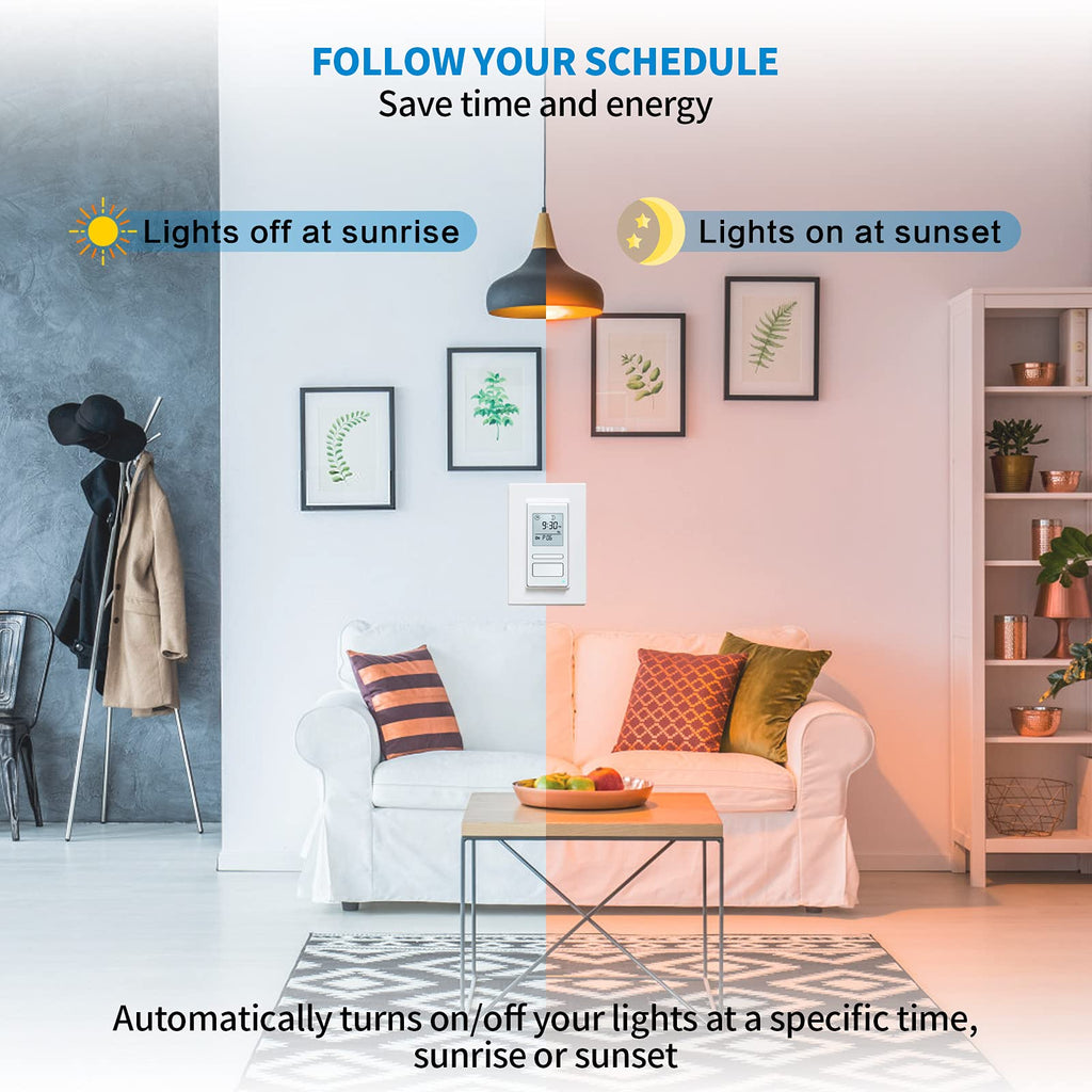 Ortis 7 Day Programmable in-Wall Timer Switch, Sunrise/Sunset Automatic Control and Random Security Mode, Digital Light Switch Timer Indoor with LCD Display for Lights/Fans, Neutral Wire Required