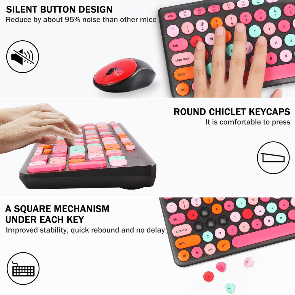 Wireless Keyboard and Mouse Combo, Retro Typewriter Keyboard with Round Keycaps, 2.4GHz USB Cute Wireless Keyboard
