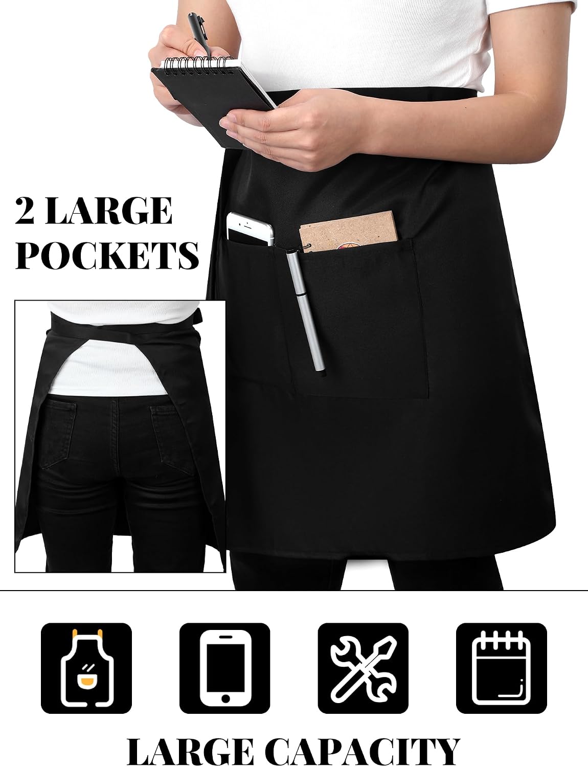 5 Pack Half Bistro Aprons with 2 Pockets Unisex Server, Black