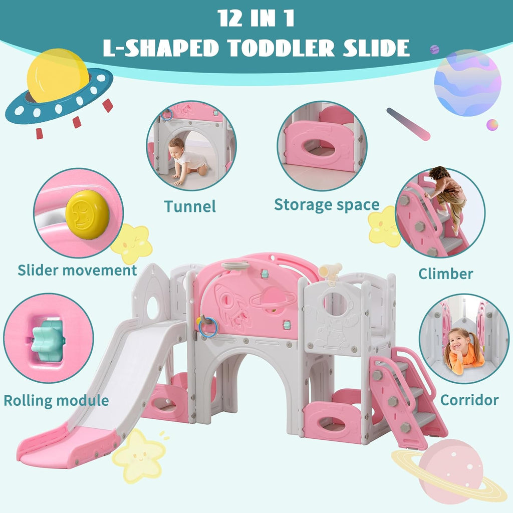 12 in 1 Space Adventure Playset for Toddlers Aged 3+ Astronaut-Themed Toddler Slide, Telescope, Basketball Hoop &