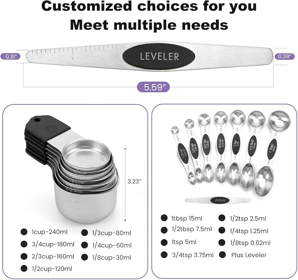 Magnetic Measuring Cups and Spoons Set, N52 Magnetic spoons Nesting Design, 304 Stainless Steel measuring cups, BPA
