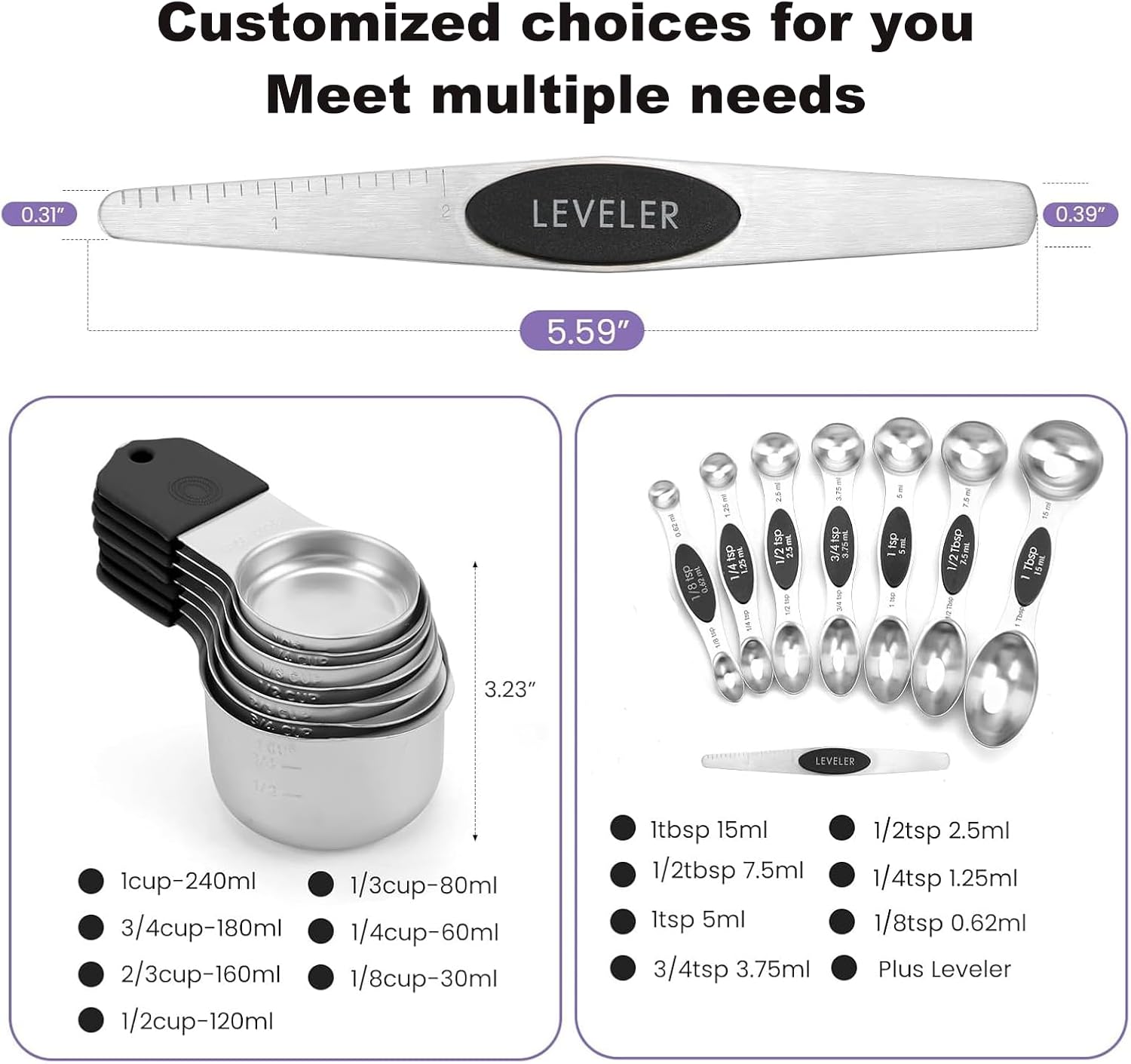 Magnetic Measuring Cups and Spoons Set, N52 Magnetic spoons Nesting Design, 304 Stainless Steel measuring cups, BPA