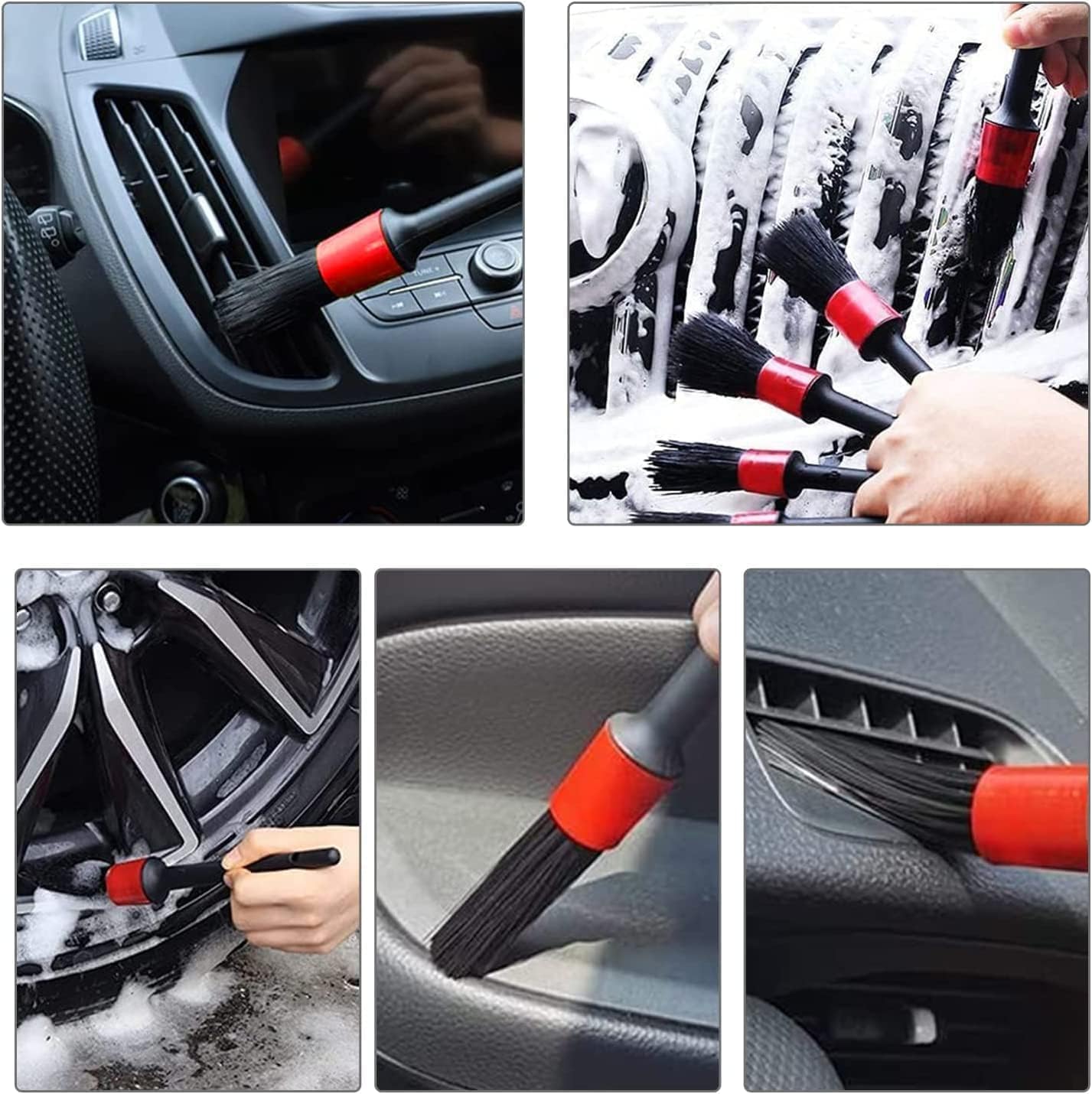 11Pcs Auto Detailing Set, Boar Hair Brushes, Steel Wire & A/C Brushes, Red, Soft Bristles, Wood Handles for Cleaning
