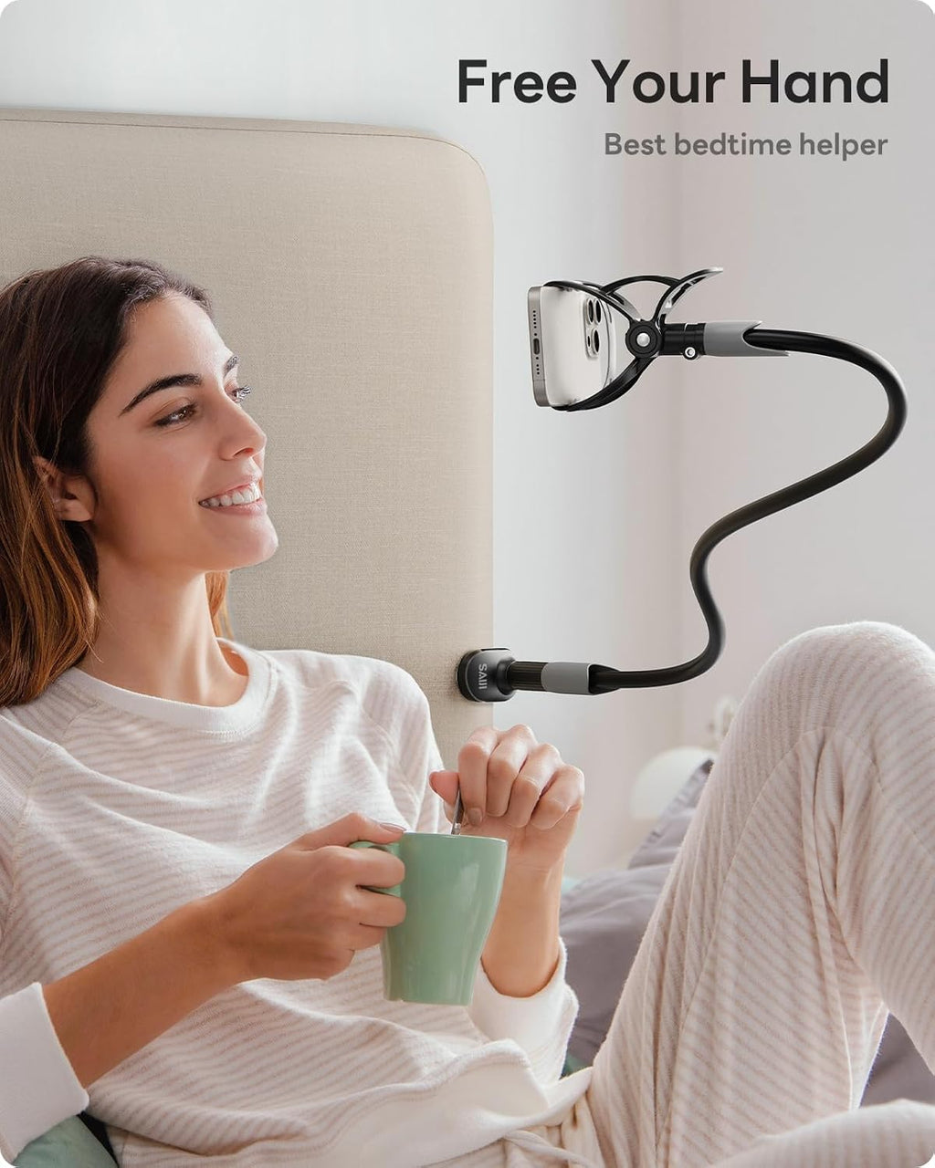 Gooseneck Bed Phone Holder, Flexible Long Arm Phone Mount for Desk, Clip Bracket Clamp Stand, iPhone Stand, Mobile