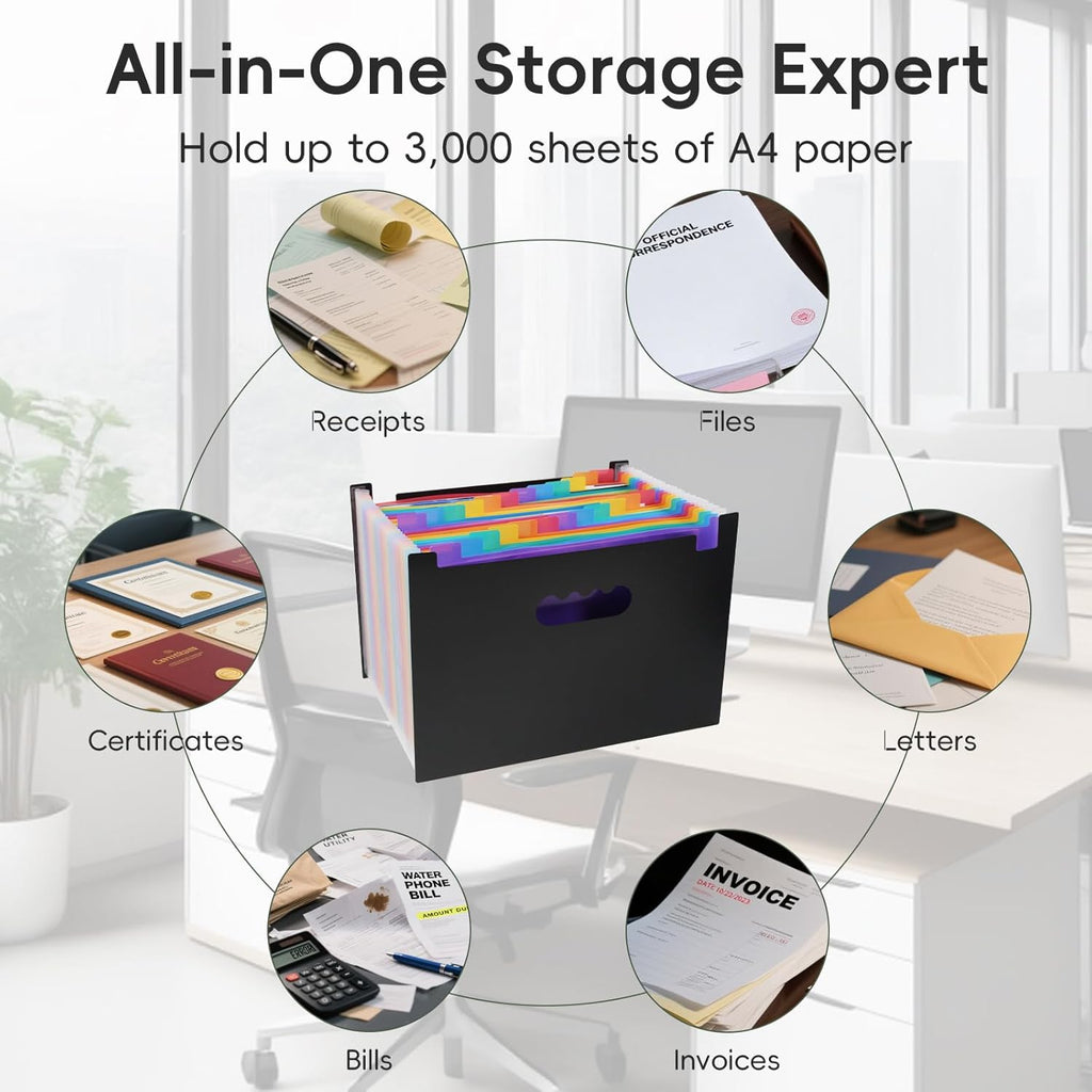 File Organizer Box with 25-Pocket Accordion Folder, File Folder & Protective Lid - Document Storage for Home, Office