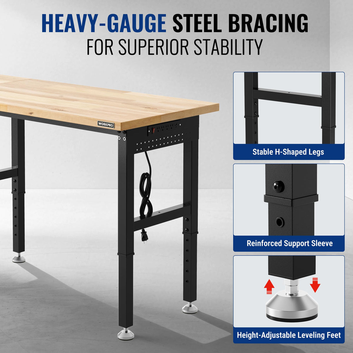 96" Adjustable Workbench, Power Outlet & Pegboard, 4000LBS Capacity