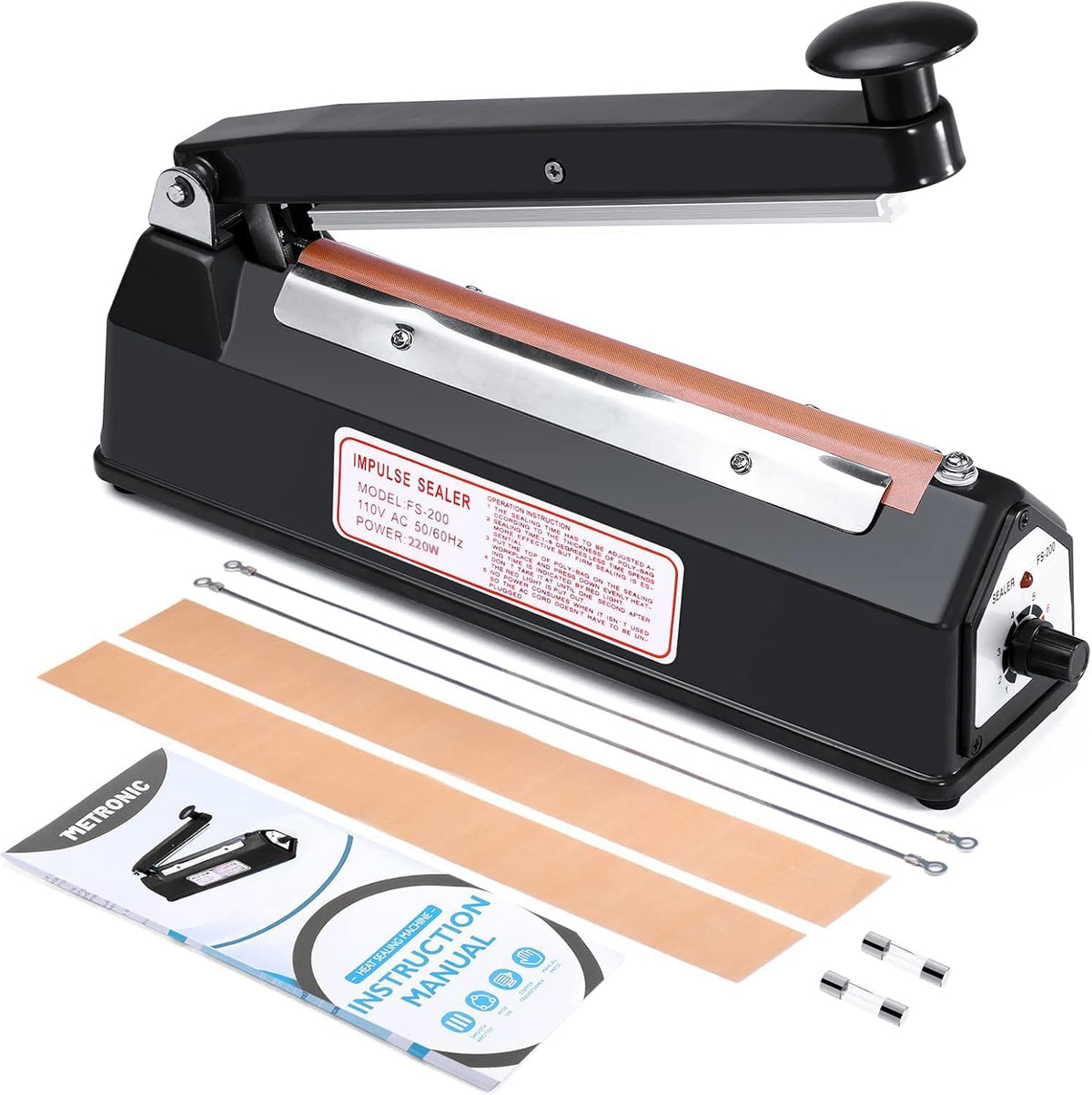 8 inch Bag Sealer, Black Impulse Heat Sealer for Plastic Bags