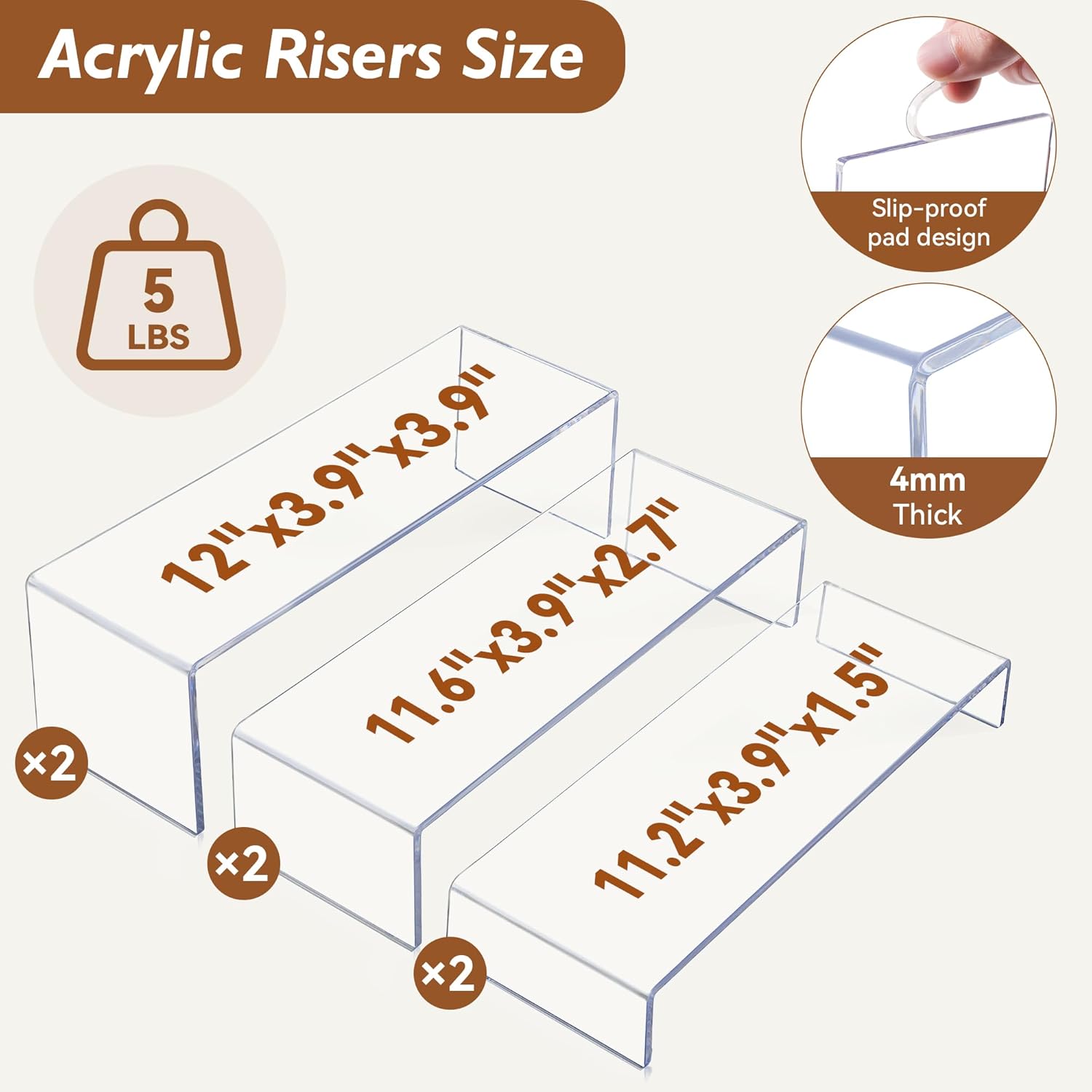 Large Acrylic Display Risers, 2 Set - 6 Pack (12”L~11.6”L~11.2”L) Collectibles Display Shelf, Acrylic Risers Display